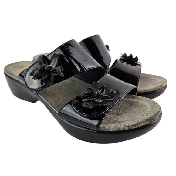 Dansko Shoes - Dansko Donna Black Patent Leather Flower Two Band Slide Sandal EU 39/US 8.5-9
